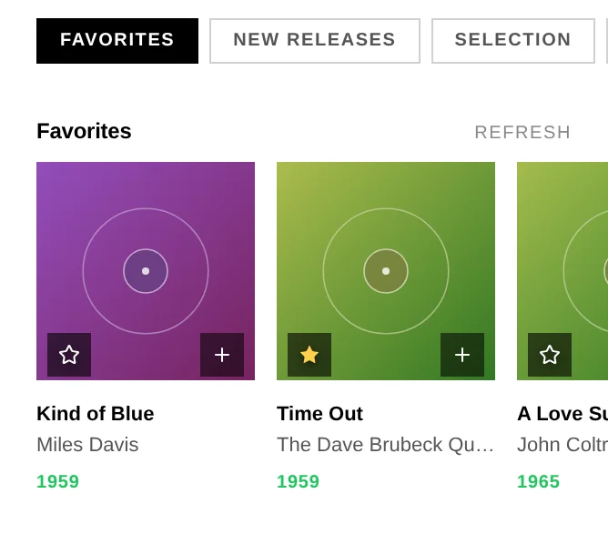 The streaming browse grid: category pills, album covers, add-to-queue and the favorite star