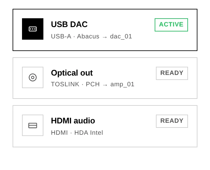 The output selector: the active USB DAC and the ready optical and HDMI outputs