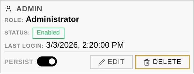 A user card: role, status, last login, the persist toggle and the edit and delete actions